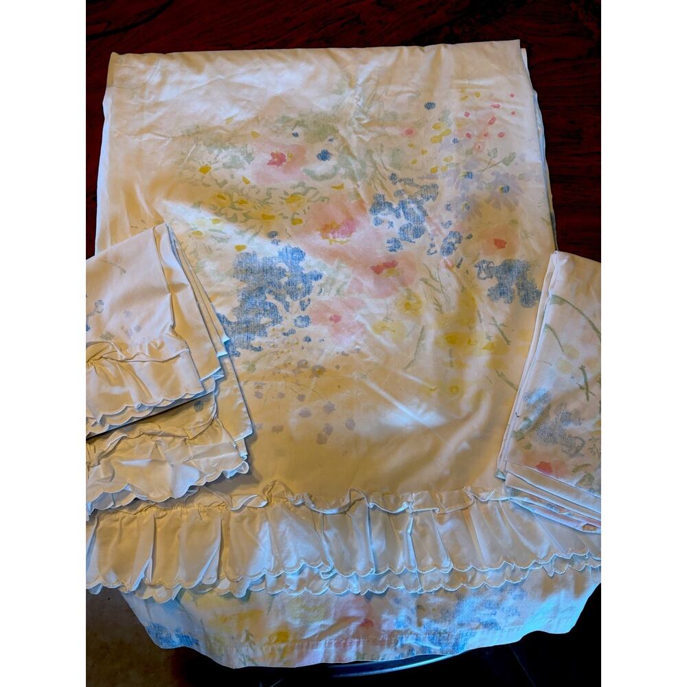 Vintage QueenSize sheet Set Watercolor Floral Sears Perma Prest
